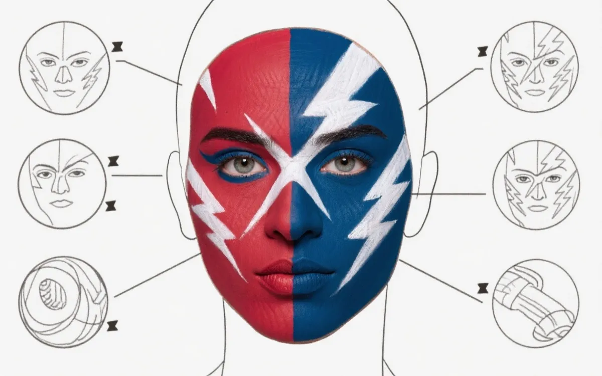 半脸分区与闪电动势球迷彩绘分步骤示意图